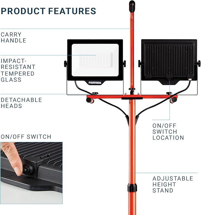 PARMIDA LED Dual-Head Work Light, 6ft Adjustable Tripod Stand, 20,000 Lumen, 200W, UL Approved Power Cord, Durable Aluminum Body, IP65 Waterproof, Foldable Stand, Multi-Directional & Detachable Heads