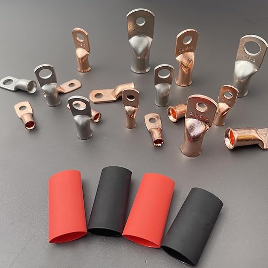 16pcs 2 AWG 3/8" Stud Heavy Duty Copper Wire Lugs with 16Pcs Heat Shrink Tubing 2 Gauge Battery Cable Lugs Cable Lugs Bare Copper Eyelets Tubular Ring Terminal Connectors
