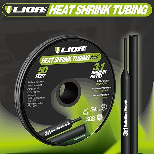 Marine Grade Heat Shrink Tubing – 3:1 Ratio Adhesive Lined Electrical Shrink Wrap, 3/16'' Black, 50 Feet Roll for Industrial Use