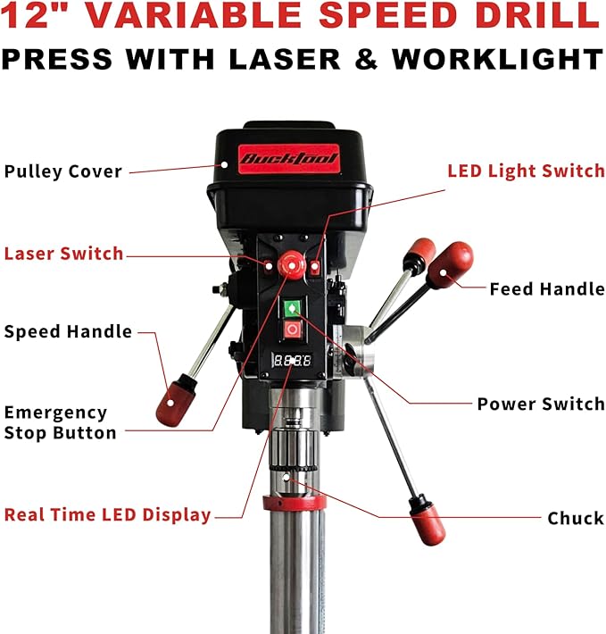 BUCKTOOL 12'' 6 Pole Motor Variable Speed Benchtop Drill Press 360–2000RPM, 3/4HP Powerful Bench Drill Press with Laser and Worklight, Low Speed Tabletop Drilling Machine for Metalworking, Woodworking