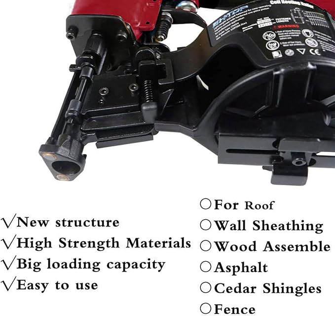 BHTOP CN45N Roofing Nailer, 15 Degree Roofing Nail Gun, 3/4-Inch to 1-3/4-Inch Coil Nails, 120-pcs Load Capacity Coil Nailer in Red