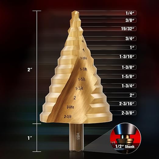 ZELCAN Large HSS Spiral Groove Step Drill Bit, 12 Sizes Titanium High Speed Steel 1/4" to 2-3/8" Drill Bit for Sheet Aluminium Metal Wood Hole Drilling, Big Multiple Hole Stepped Up Bit for DIY Lovers