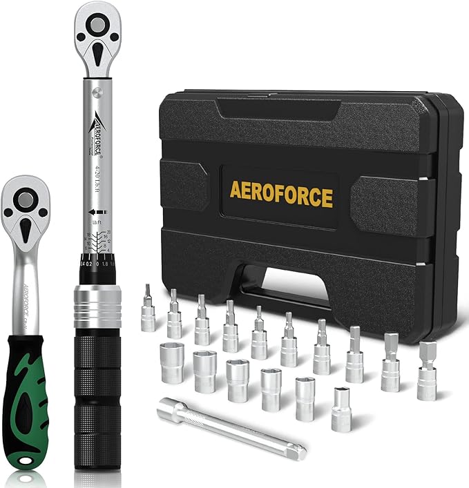 AEROFORCE 19Pcs 1/4 inch Drive Click Dual-Direction Adjustable Bike Torque Wrench Set（4-20 Lb.ft/5.4-27.2 Nm）, with 6 Sockets, Hex, Torx, Extension Bar, 1/4'' Ratchet Wrench, Maintenance Kit for MTB.