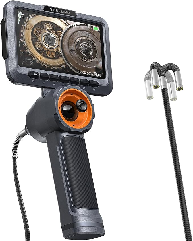 Teslong 360 Articulating Borescope with Light, 5'' Monitor Industrial Inspection Camera with 4-Way Joystick Articulation, HD Endoscope Camera for Automotive, Pipes, and Mechanics (0.24inch-5FT)