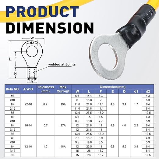 haisstronica Non Insulated Wire Connectors Kit，100pcs 5/16” Ring Terminals (AWG 22-16) with 100pcs 3:1 Heat Shrink Tubing for Automotive Marine，Brazed Seam Wire Crimp terminals