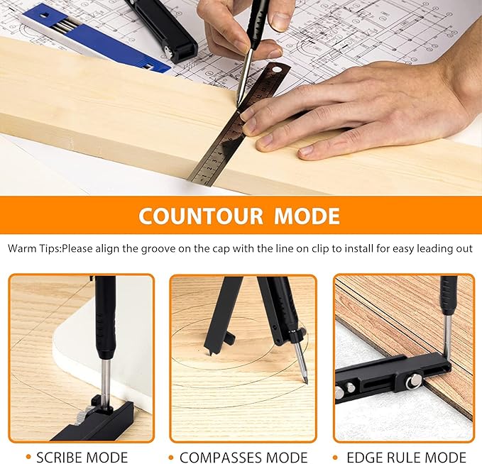 Saker Multi-function Scribing Tool- Construction Pencil- Aluminum Alloy Scribe Tool with Deep Hole Pencil,DIY Woodworking Scribe Gauge Scriber Line Maker Measuring Tool,Multifunctional Tools