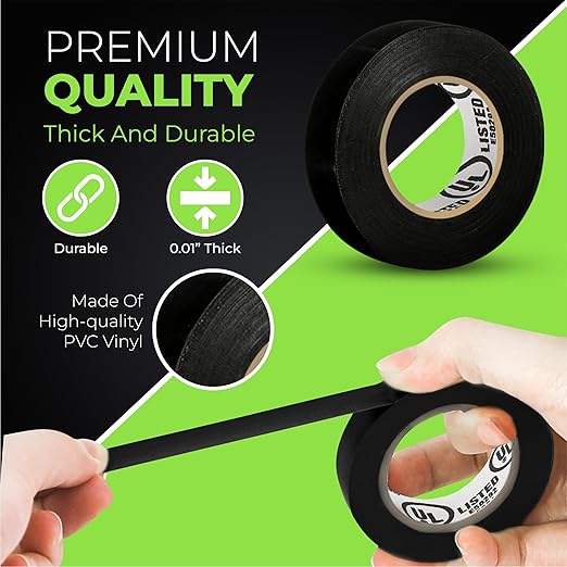 Black Electrical Tape - Professional Grade - 3/4 inch x 66ft - PVC Vinyl Electrical Insulating Tape for All Weather - U/L Approved - Waterproof - Pack of 3