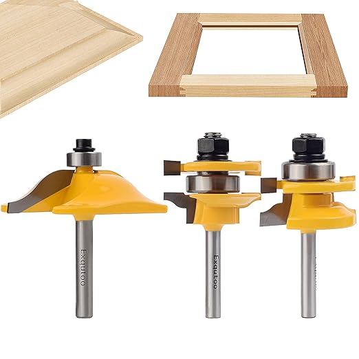 3PCS 1/4" Shank Router Bit Set, Raised Panel Cabinet Door Making Router Bits, Cemented Carbide Router Bits, Woodworking Tools Router Door & Window Bits (Tenon Joint Cutter Diameter: 1-5/8")