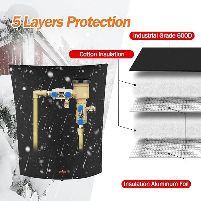 Backflow Preventer Pipe Insulation Cover (5°F) - Irrigation Sprinkler Valve Insulated Pouch - Water Well Pump Cover - Sturdy 5 Layers for Winter Freeze Protection, 26" W x 44" H, Black