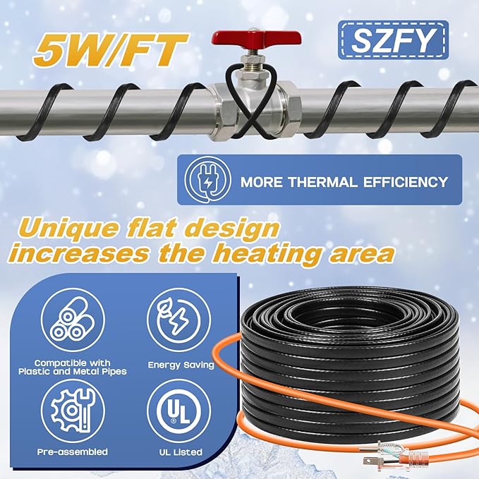 3FT~200FT Heat Tape for Water Pipes, -40°F Deicing Cable,Pipe Heat Cables for Roof,Gutter，Farm，Freeze Protetion Heating Wires, Heated Water Hose,Plumbing Fixtures,120V 5W/FT (9FT)
