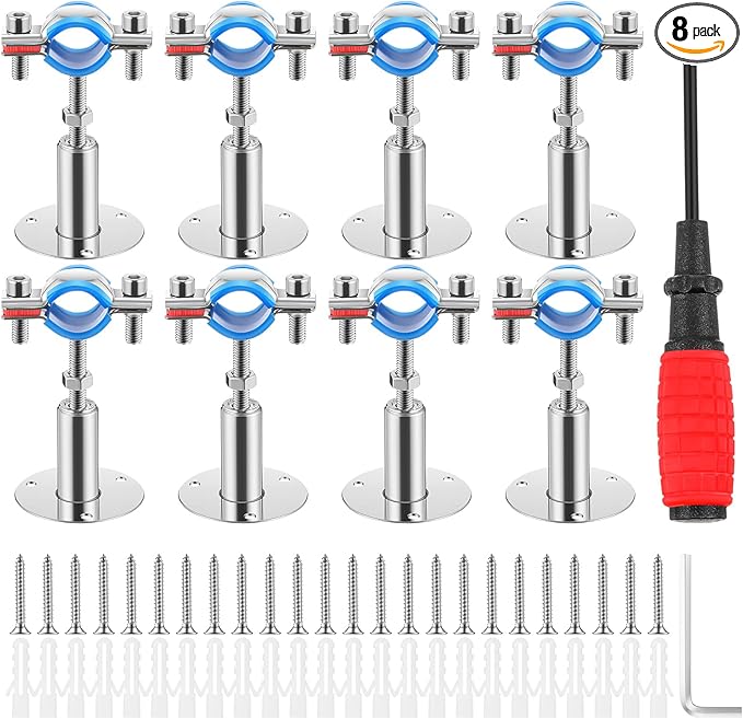 8 Pcs 304 Stainless Steel Wall Mount Ceiling Mount Pipe Supports Bracket, Suitable for OD 1/2"(20-22mm), Adjustable Height 50-100mm, Pipe Strap Clamp with Screws Screwdriver