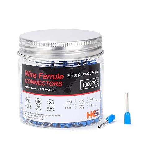 HKS 1000PCS Wire Ferrule Connectors - AWG 24-0.34mm² Copper Barrel Pin Cord Ends Insulated Ferrules Terminals - E0308 Blue