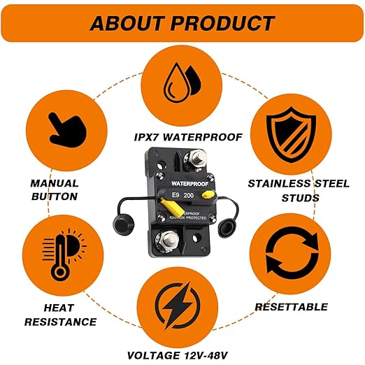 E93 Circuit Breaker Waterproof IP67 25A-300A Extended Surface Mount with 3/8" Diagonal Studs Hi-Amp Marine RV Truck Protector (25A)