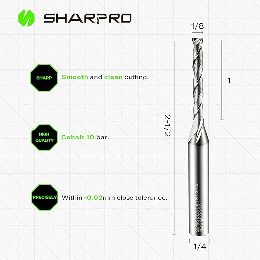 Spiral Upcut Router Bit 1/4 Inch Shank 1/8 Inch Cutting Dia. 1'' CL. Extra Long 2-1/2'' OVL. Carbide Upcut CNC Bits, Ideal for Wood Engraving and Plunging Applications (5PCS)