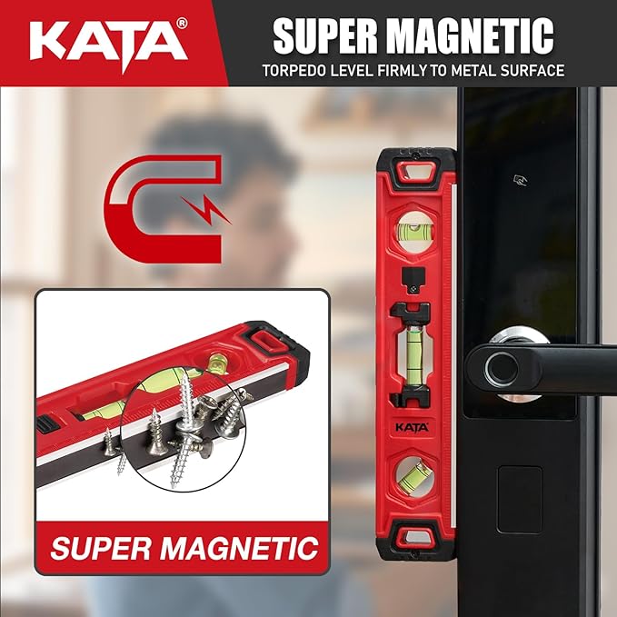 KATA Torpedo Level Magnetic with Light: 9 Inch Shockproof Small Leveler Tool with Ruler - 3 Bubbles Spirit Level with Extra 2 Line Bubble Vials - Plumbing Levelers for Hanging Pictures Home Renovation