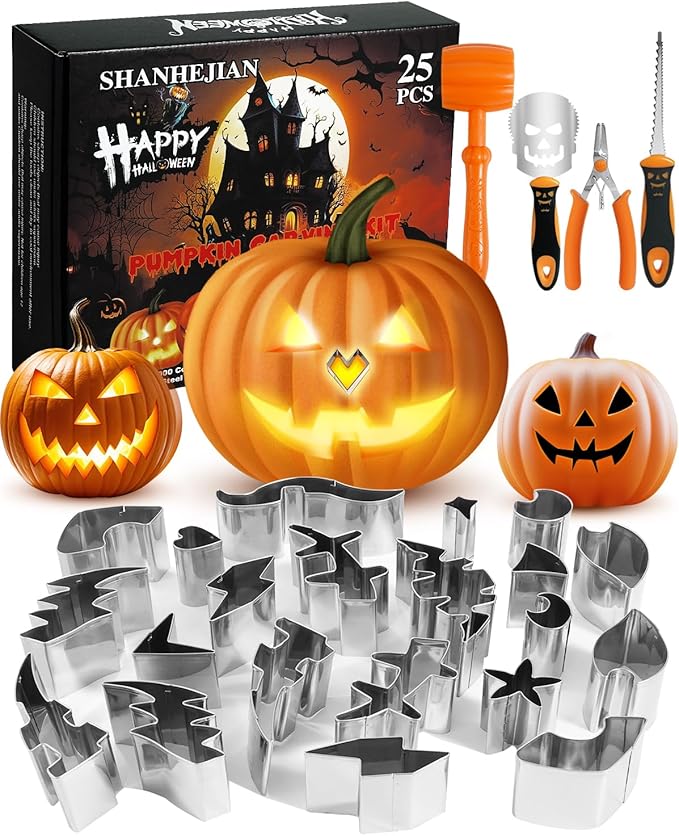 Pumpkin Carving Kit, 21 Pcs Stainless Steel Pumpkin Carving Stencils with 4 Halloween Carving Tools, Easy Safe and Durable for Kids Adults