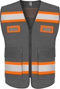 TCCFCCT Mesh Reflective Safety Vest with Pockets High Visibility Vest for Men Women, Work Vest with Fluorescent Orange Extend Edge, Meets ANSI/ISEA Standards, Grey, S