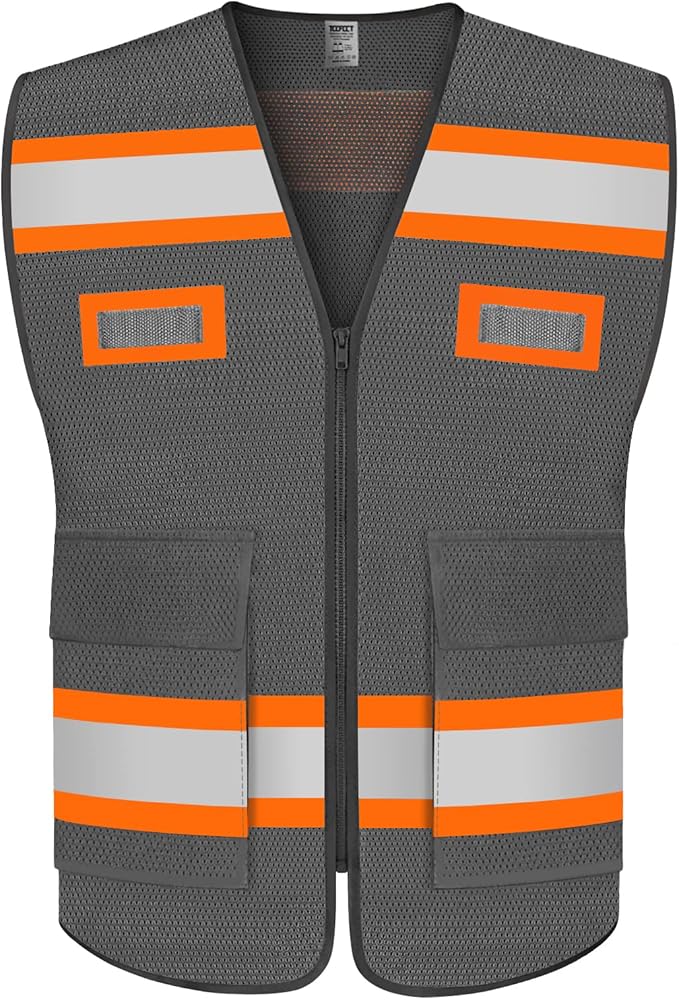 TCCFCCT Mesh Reflective Safety Vest with Pockets High Visibility Vest for Men Women, Work Vest with Fluorescent Orange Extend Edge, Meets ANSI/ISEA Standards, Grey, 2XL
