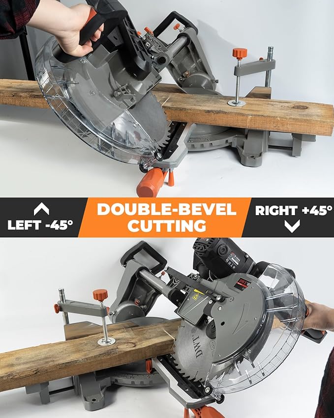 12-inch Compound Miter Saw with Double Bevel Cutting (-45/0/+45), Laser Guide, 9 Positive Stops, 3800RPM, 15Amp Miter Saw with Extension Table, 4.2x13in Cutting Capacity