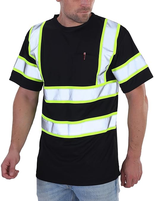 sesafety High Visibility Shirts for Mens Class 3 Hi Vis Reflective Construction Shirts for Men with Pocket Safety T Shirts for Men Work Shirt for Mens Short Sleeve Black Yellow Strips 4XL