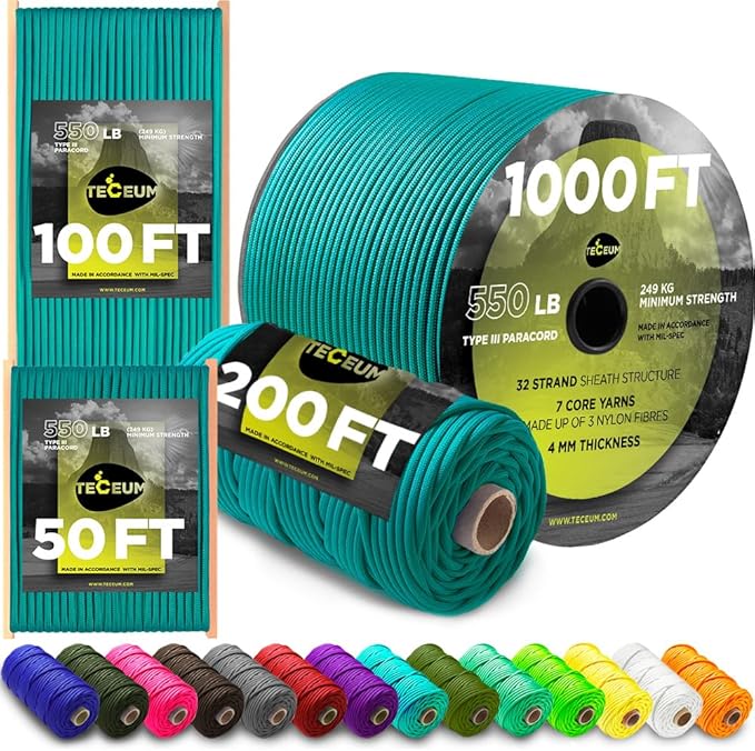 TECEUM 5/32" Paracord Rope 1000 – 1000ft / 200ft / 100ft / 50ft – Tactical Parachute Cord 4mm – 45+ Colors – Nylon String for Survival & Camping Gear – Stripe Cord for Survival – Utility Rope