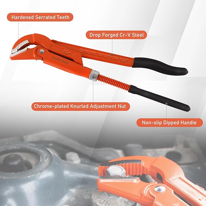 17-Inch Swedish Pipe Wrench, Heavy Duty Adjustable Plumbing Wrench with 45°Angled Jaw for All Types of Nuts, Water Pipes
