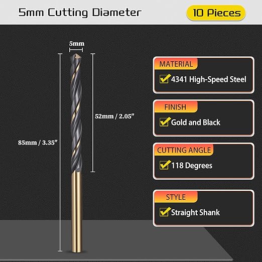 Drill Bit, 5mm Cutting Diameter, 4341 HSS Gold and Black 118° Cutting Angle Number Jobber Bits - (Applications: for Drilling Soft Metal Plastic Wood), 10-Pieces