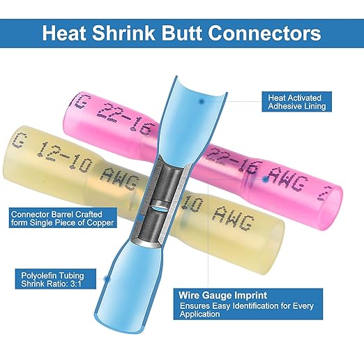 125PCS Heat Shrink Wire Connectors,Electrical Terminals Kit,Waterproof,Automotive Marine Electrical Terminals Kit,Ring Fork Hook Spade Butt Splices,Tinned Red Copper,12-10,16-14,22-16 (125PCS)