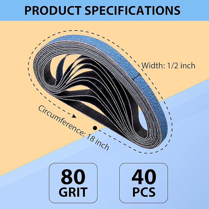 1/2 x 18 Inch Zirconia Sanding Belts for Metal, 80 Grit 1/2 x 18 Sander Belt for Air Belt Sander, Zirconia Metal Grinding Sand Paper for Knife Blade Sharpening, Metal Polishing, Derusting, 40Pcs