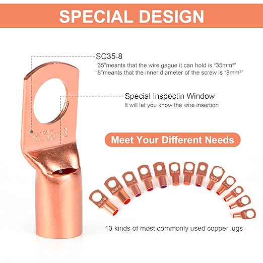 Copper Wire Lugs,Terminal Connectors,Used on AWG12 10 8 6 4 2 Cable,Heat Shrink Set,Bare Copper Eyelets,Ring Terminals Connectors,120Pcs Battery Cable Lugs Ends and 140Pcs Heat Shrink Tubing (260PCS)