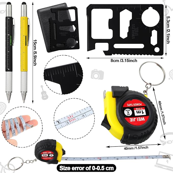 192 Pcs Mini Tape Screwdriver Keychain Set Christmas Men Gifts Bulk Adult Party Favors Multitool Pen Card Tool Measuring Keychains Stocking Christmas Stuffers for Men Dad (Yellow,Black)