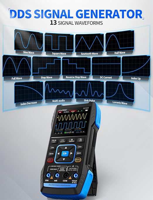 FNIRSI 2C53T Upgraded Handheld Oscilloscope, 50MHz Bandwidth, 3IN1 Digital Oscilloscope Multimeter DDS Generator, 250MS/s Sampling Rate, 19999 Counts, Voltage, Current, Capacitor, Resistor, Diode Test