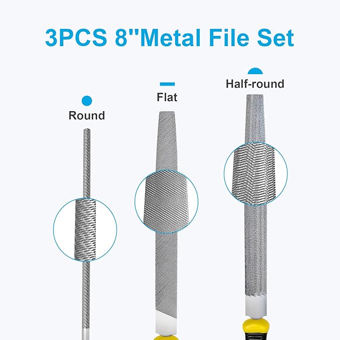3Pcs Metal File Set, 8-Inch Professional High Carbon Steel Metal File, Includes Flat, Round, Half-Round Metal Files, Durable Hand Files Work for Metal Wood Smoothing Shaping Deburring