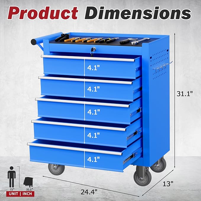 Rolling Tool Chest with Drawers, 5 Drawers Tool Chests & Cabinets, Metal Toolbox with Wheels, Lockable Storage Cabinet, Garage Tool Box with Drawers (Blue, 5 Drawers)