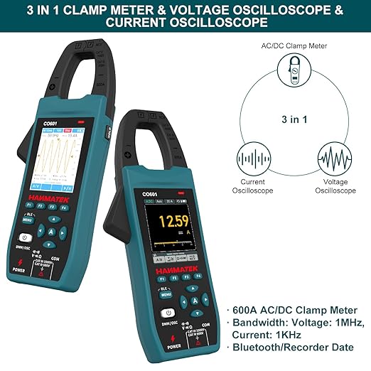 HANMATEK 3-in-1 AC/DC Clamp Meter & Oscilloscope,5MS/s High Sampling Rate,1MHz Bandwidth,600A &1000V AC/DC Current & Voltage Detection,Resistance,Capacitance,Continuity Test,NCV,Data Logging-CO601