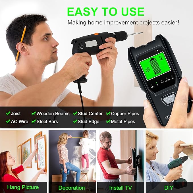 Stud Finder Wall Scanner - 5 in 1 Electronic Stud Detector with Upgraded Smart Sensor, Audio Alarm and HD LCD Display for the Center and Edge of Wood, AC Wire, Metal and Studs Detection(Frosted Black)