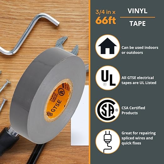 GTSE Gray Electrical Tape, 10 Rolls – Waterproof, Industrial Grade Vinyl, 3/4 in x 66ft– Strong Self-Adhesive Grey PVC Electric Tape for Wire Insulation, 7 Mil, 600V – UL/CSA Listed