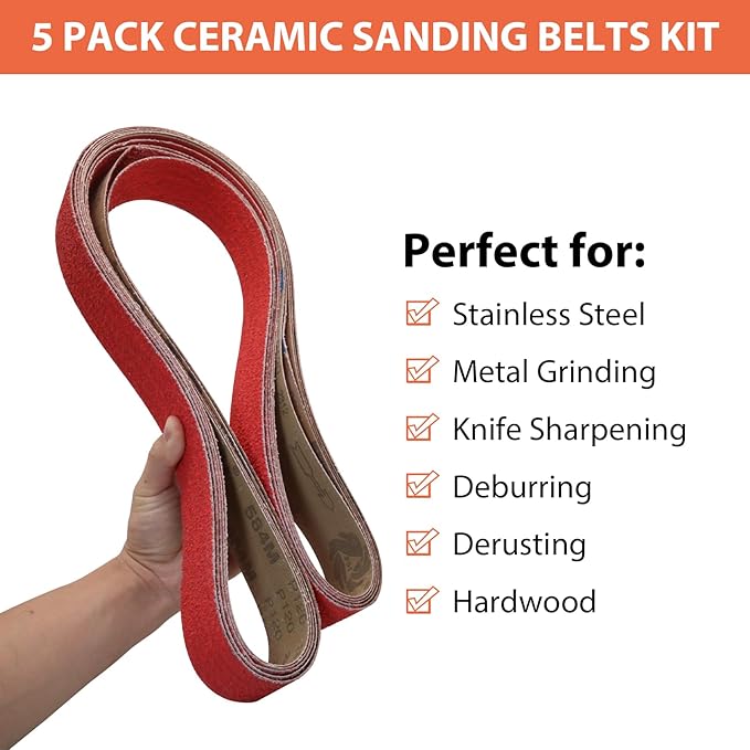 2 x 72 Ceramic Grinding Belts, 2x72 Inch Metal Sanding Belt, 36 40 60 80 120 Grits Knife Sharpening Sander Belts Assortment, 5 Pack