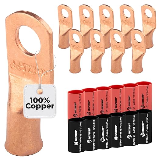 SELTERM 10pcs - 4 Awg 5/16" Stud (Wide) - Battery Lugs - Ring Terminal Connectors with 12pcs 3:1 Black & Red Heat Shrink Tubing with Adhesive, Heavy Duty Battery Cable Ends - Bare Copper Wire Lugs Kit