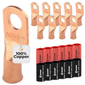 SELTERM 10pcs - 4 Awg 5/16" Stud (Wide) - Battery Lugs - Ring Terminal Connectors with 12pcs 3:1 Black & Red Heat Shrink Tubing with Adhesive, Heavy Duty Battery Cable Ends - Bare Copper Wire Lugs Kit