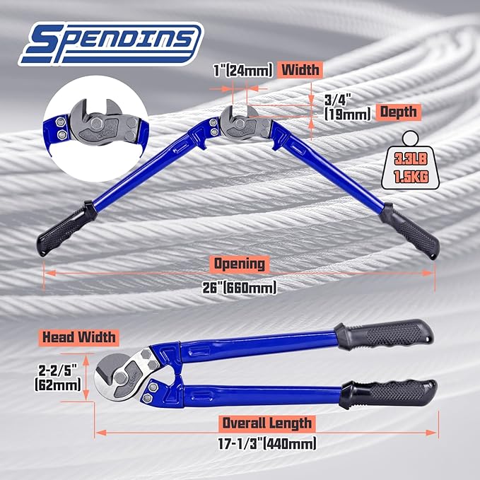 18” Heavy Duty Wire Rope Cutter,Steel Wire Cutters w/Ergonomic Handle Design, Hardened Cable Cutter Cuts Up to 5/16" for Wire rope, Stainless Steel Wire, Copper and Aluminium Cables