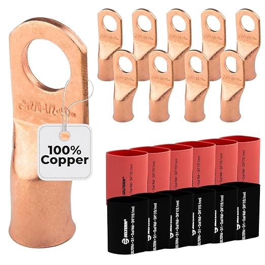 SELTERM 10pcs - 2/0 Awg - 1/2" Stud - Battery Lugs - Ring Terminal Connectors | with 12pcs 3:1 Black & Red Heat Shrink Tubing with Adhesive | Heavy Duty Battery Cable Ends - Bare Copper Wire Lugs Kit