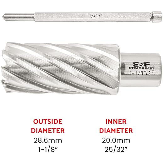 S&F STEAD & FAST Annular Cutter 1-1/8" Diameter 2" Cutting Depth, Mag Drill Bits with Pilot Pin for Magnetic Drill Press