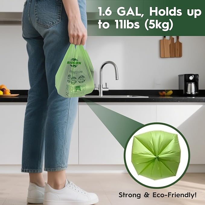 Compostable Trash Bags 1.2-1.6 Gallon with Handles 50 Count 0.6 Mil 6.06 Liter Heavy Duty Small Kitchen Food Scrap Waste Compost Bags for Countertop Bin ASTM D6400 & BPI Certified, OK Compost Home