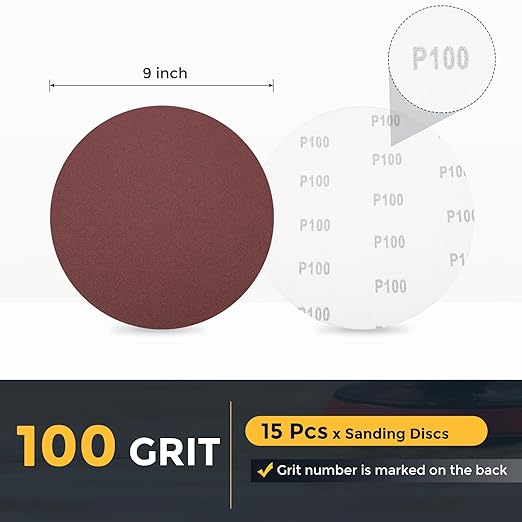 HARFINGTON 15 Pcs 9 Inch Sanding Disc 100 Grit Hook and Loop Sandpaper Random Orbital Sander Pads for Woodworking Automotive Metal Polishing