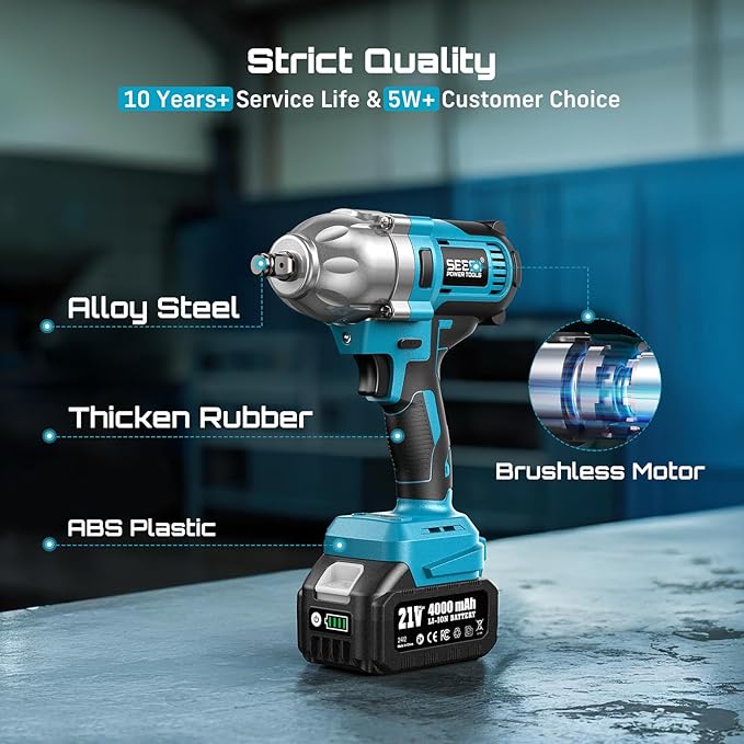 Seesii Impact Wrench 665 FT-LBS(900N.m) 3300IPM 1/2 Impact Gun High Torque Electric Cordless Impact Wrench with 21V 1x4.0Ah Battery 6 Sockets and Case for Home Car Truck Tire Lug Nut Removal Tool Set