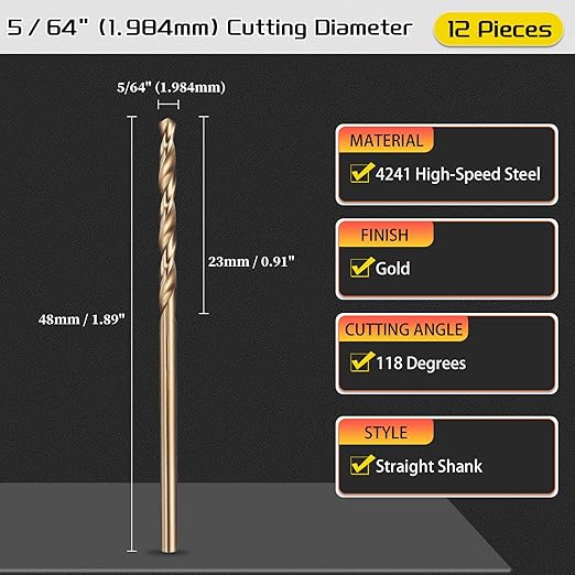 Drill Bit, 5/64" Cutting Diameter (1.984mm), 4241 HSS Gold 118° Cutting Angle Versatile Jobber Bits - (Applications: for Drilling Plastic Wood Soft Thin Metal), 12-Pieces