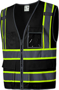 SKSAFETY 10 Pockets Safety Vest, Class 2 High Visibility Security with Zipper Back Mesh, Hi Vis Vest with Reflective Strips, ANSI/ISEA Standard, Construction Work Vest for Men ＆ Women （Black, L）