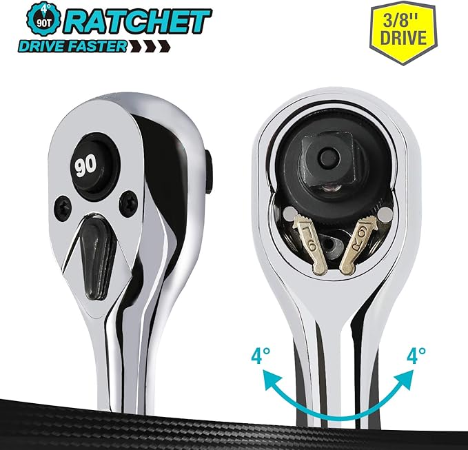 DURATECH 3/8-Inch Drive Ratchet, 90-Tooth Quick-release Ratchet Wrench, Reversible, Chrome Alloy Made, Full Polished, Stocking Stuffers for Men Women Gifts for Men Gifts for Women Gifts for Dad