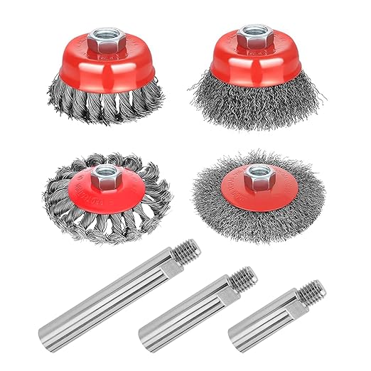 7 Pack Wire Wheel Cup Brush for 4 1/2 Angle Grinder with 5/8"-11 Thread Extension Rod,4 & 3 Inch Twist Knotted Coarse Crimped Wire Brushes (Wire Wheel Set & Grinder Extension Rod)